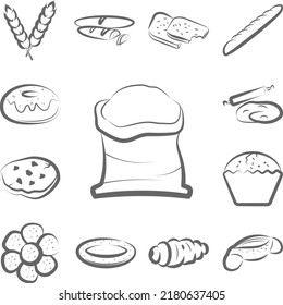 Flour, bread hand drawn icon in a collection with other items
