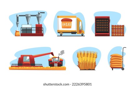 Mehl- und Brotproduktion von der Ernte bis hin zu frisch gebackenem Brotset, Vektorgrafik