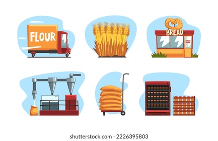 Flour and bread production set. Wheat harvesting, processing, packaging and selling vector illustration