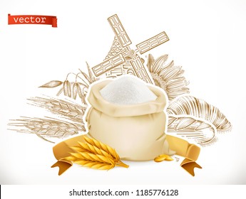 Flour. Bread and wheat. Old style. Engraving vector icon set