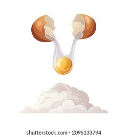 Flour and breaking egg. Baking, bakery shop, cooking, kitcken, preparing food, pastry concept. Ioslated Vector illustration for poster, banner,  menu.