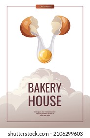 Flour and breaking egg. Baking, bakery shop, cooking, kitcken, preparing food, pastry concept. A4 Vector illustration for poster, banner, flyer, cover, advertising.