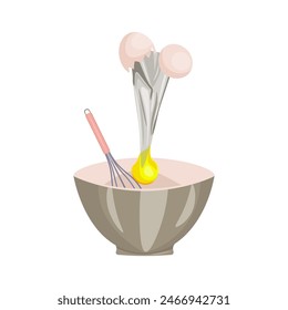 Flour and breaking egg. Baking, bakery shop, cooking, preparing food, pastry, kitchen. Isolated vector illustration