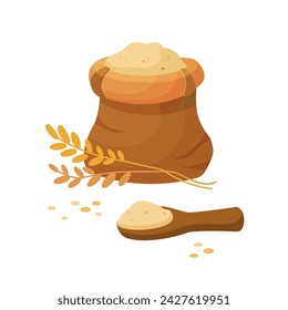 Flour in burlap bag with wooden scoop. Sack with wheat flour, grains, ears of wheat. Flour bale in cartoon style. Vector illustration isolated on white background.