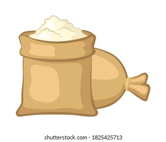 Flour in canvas bags. Isolated objects on white background. Vector illustration.