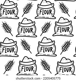 Flour with cereal ear vector seamless pattern in doodle style. Black and white packing seamless background. Repeat vector illustration with hand drawn grain spike for product packaging, flour, bread
