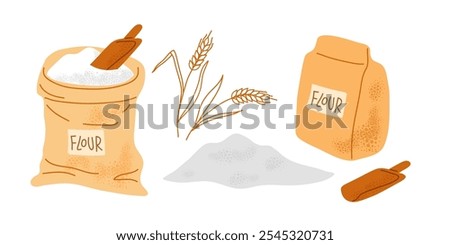 Flour. Closed paper Bag and open canvas bag filled with flour, Mound of flour and scoop. Packaging with product name. Flat Vector isolated on white. Product Displays, Marketing, Design Projects.