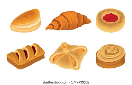 Flour Confectionery or Pastry with Sweet Wheat Bun and Baked Roll with Jam and Curd Vector Set