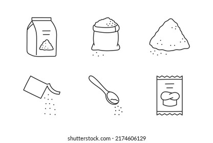 Flour doodle illustration including icons - sack, sugar, sachet, yeast powder, teaspoon. Thin line art about baking ingredients. Editable Stroke