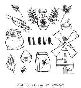 Flour doodle set. Hand-drawn wheat and mill. Vector illustration