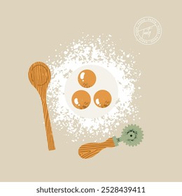 Flour with egg yolks. Kitchen tools for pasta making. Vector illustration.