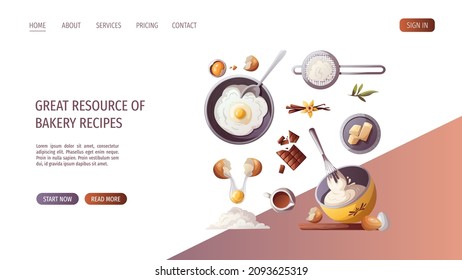 Flour, eggs, butter, chocolate, vanilla, baking elements. Baking, bakery shop, cooking, sweet products, dessert, pastry concept. Vector illustration for poster, banner, website, advertising.