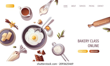 Harina, huevos, mantequilla, chocolate, vainilla, elementos de cocción. Panadería, panadería, cocina, productos dulces, postre, pastelería. Ilustración vectorial para afiches, banner, sitio web, publicidad.