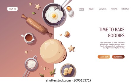 Flour, eggs, butter, dough, rolling pin, baking elements. Baking, bakery shop, cooking, sweet products, dessert, pastry concept. Vector illustration for poster, banner, website, advertising.
