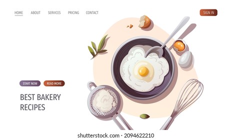 Flour, eggs, sieve, whisk. Baking, bakery shop, cooking, sweet products, dessert, pastry concept. Vector illustration for poster, banner, website, advertising.