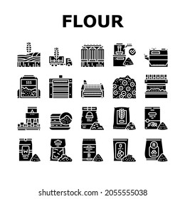 Flour Factory Industry Production Icons Set Vector. Wheat And Oat, Barley And Rice Flour For Baking Pastry Dessert Line. Agronomy Field Growing Plant Industrial Glyph Pictograms Black Illustrations