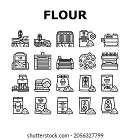 Flour Factory Industry Production Icons Set Vector. Wheat And Oat, Barley And Rice Flour For Baking Pastry Dessert. Agronomy Field With Growing Plant Industrial Machine Black Contour Illustrations