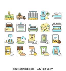 Flour Factory Industry Production Icons Set Vector. Wheat And Oat, Barley And Rice Flour For Baking Pastry Dessert Line. Agronomy Field With Growing Plant And Industrial Machine Color Illustrations