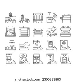 Flour Factory Industry Production Icons Set Vector. Wheat And Oat, Barley And Rice Flour For Baking Pastry Dessert. Agronomy Field With Growing Plant Industrial Machine Black Contour Illustrations