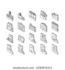 Flour Factory Industry Production isometric icons set. Wheat And Oat, Barley And Rice Flour For Baking Pastry Dessert Line. Agronomy Field With Growing Plant And Industrial Machine Color .