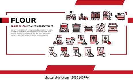 Flour Factory Industry Production Landing Web Page Header Banner Template Vector. Wheat And Oat, Barley And Rice Flour For Baking. Agronomy Field With Growing Plant And Industrial Machine Illustration