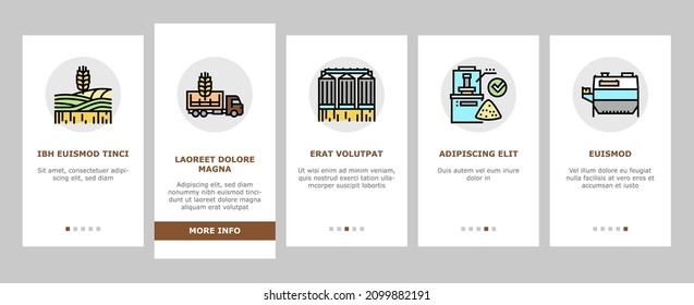 Vector de pantalla de aplicaciones móviles de producción de Flour Factory Onboard. Harina De Trigo Y De Oro, De Carbón Y De Arroz Para Hacer Pasteles De Pastelería. Campo Agronómico Con Ilustraciones De Máquinas En Crecimiento