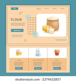 Flour flat landing page website template. Juices, water packaging, honey. Web banner with header, content and footer. Vector illustration.