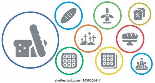 flour icon set. 9 filled flour icons.  Collection Of - Bread, Windmill, Waffle, Baguette