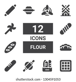 flour icon set. Collection of 12 filled flour icons included Waffle, Bread, Rolling pin, Baguette, Windmill