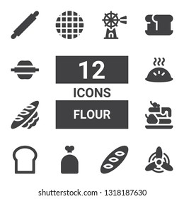 flour icon set. Collection of 12 filled flour icons included Windmill, Bread, Sack, Waffle, Dumpling, Rolling pin
