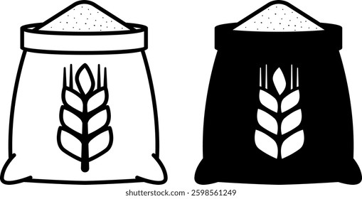 Flour Icons. Black and White Vector Illustrations. Flour in Bag. Grain Processing Product. Food, Baking Product. Grocery Concept