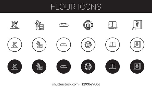 flour icons set. Collection of flour with windmill, homemade, baguettes, bread, wheat flour. Editable and scalable flour icons.