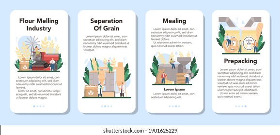 Flour melling industry mobile application banner set. Modern grain processing industrial factory. Product for baking and bread making. Sift product for cooking production. Isolated flat illustration