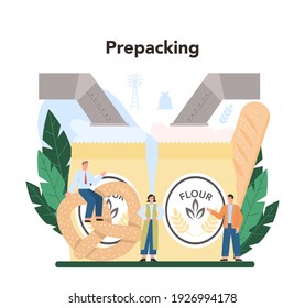 Flour melling industry. Modern grain processing industrial factory. Product for baking and bread making. Sift product for cooking production. Isolated flat illustration