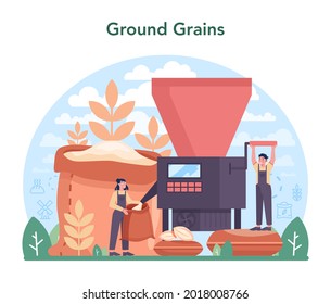 Flour melling industry. Modern grain harvest processing factory. Product for baking and bread making. Ground and sift cereals for cooking production. Isolated flat illustration