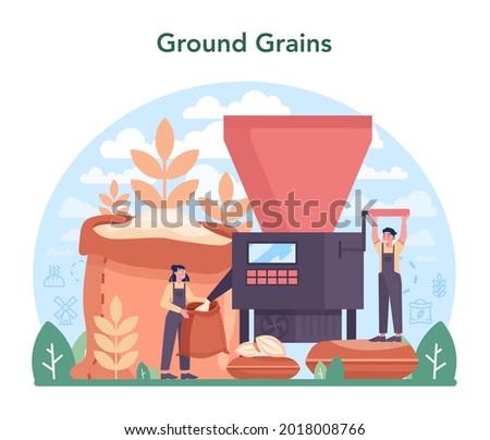 Flour melling industry. Modern grain harvest processing factory. Product for baking and bread making. Ground and sift cereals for cooking production. Isolated flat illustration