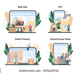 Flour melling industry online service or platform set. Modern grain processing industrial factory. Product for bread making. Online IIoT, smart factory, VPP, website. Flat vector illustration