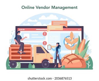 Flour melling industry online service or platform. Modern grain harvest processing. Ground and sift cereals. Online vendor management. Flat vector illustration