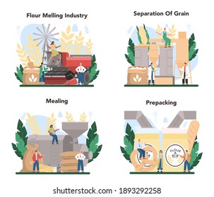 Industria de moldeo de harina. Fábrica industrial moderna de procesamiento de granos. Producto para hornear y hacer pan. Producto sift para la producción de cocinas. Ilustración plana aislada