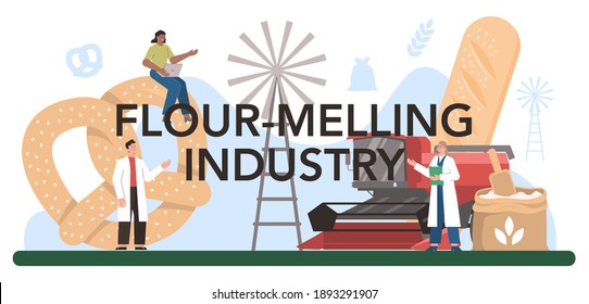 Flour melling industry typographic header. Modern grain processing industrial factory. Product for baking and bread making. Sift product for cooking production. Isolated flat illustration