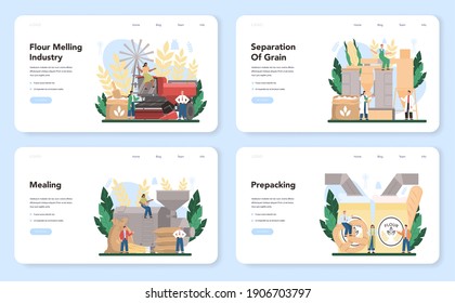 Flour melling industry web banner or landing page set. Modern grain processing industrial factory. Product for baking and bread making. Sift product for cooking production. Isolated flat illustration