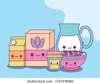 flour milk jar box honey and cereal design, Kawaii food cute character emoticon theme Vector illustration