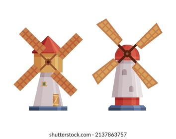 Flour Mill with Rotating Wind-stick or Blades Vector Set