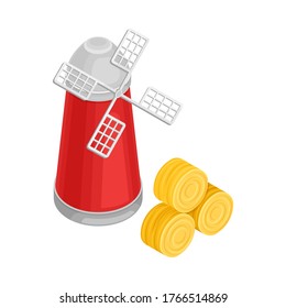 Flour Mill with Rotating Wind-stick and Stacks of Hay Vector Isometric Illustration