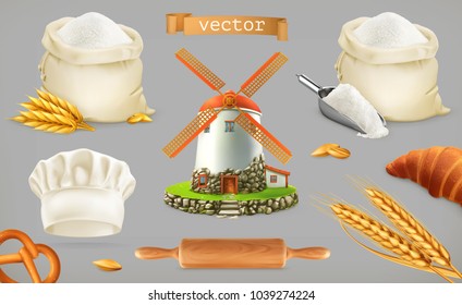 Flour. Mill, Wheat, Bread, Chef Hat. 3d Vector Icon Set