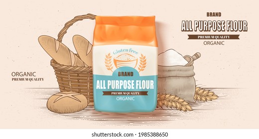 Flour pack advertisement design. Illustration of a 3d all-purpose flour package on an engraving background of bread and baking utensils