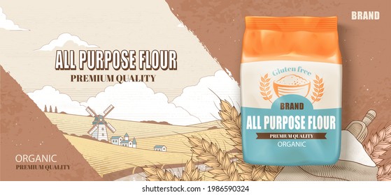 Flour pack advertisement design. Illustration of a 3d all-purpose flour package on an engraving background of a flour sack, wheat, and its place of origin