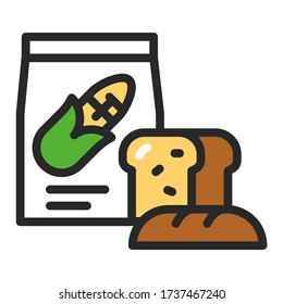 Paquete de harina e icono de la línea de color del pan saludable. Fuente de fibra. Producción de hornear. Nutrición adecuada. Elemento vector aislado. Pictograma de esquema para página web, aplicación móvil, promoción