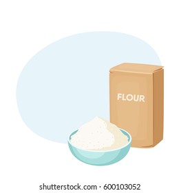 Flour packaging and bowl. Cup of baking Ingredients. Healthy organic food cartoon vector illustration. Dough cooking.  