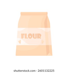 Flour packaging in a paper bag in cartoon style on a white background isolated. Product for baking